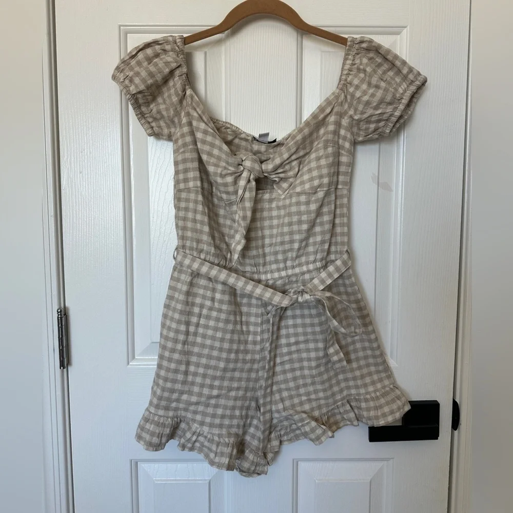 Topshop Gingham Bardot White/Tan Off-Shoulder Women’s Romper Size 4